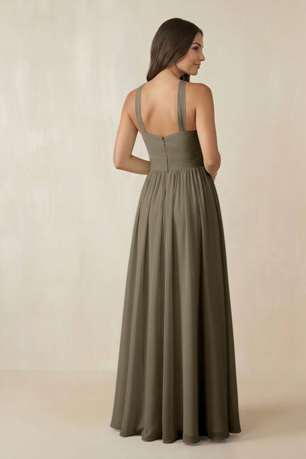 Halter Neck Ruched A-Line Chiffon Dress in Willow Green - KissProm BRIDESMAID DRESSES