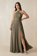 Halter Neck Ruched A-Line Chiffon Dress in Willow Green - KissProm BRIDESMAID DRESSES