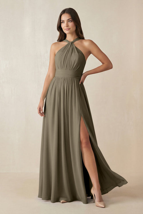Halter Neck Ruched A-Line Chiffon Dress in Willow Green - KissProm BRIDESMAID DRESSES