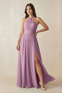 Halter Neck Ruched A-Line Chiffon Dress in Wisteria - KissProm BRIDESMAID DRESSES