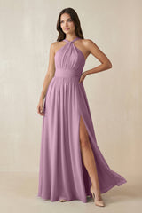 Halter Neck Ruched A-Line Chiffon Dress in Wisteria - KissProm BRIDESMAID DRESSES