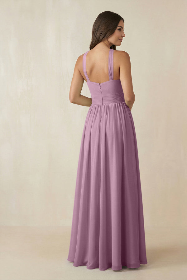 Halter Neck Ruched A-Line Chiffon Dress in Wisteria - KissProm BRIDESMAID DRESSES