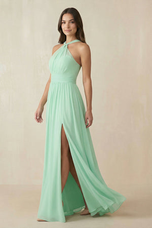Halter Neck Ruched A-Line Chiffon Dress in Pale Pistachio - KissProm BRIDESMAID DRESSES