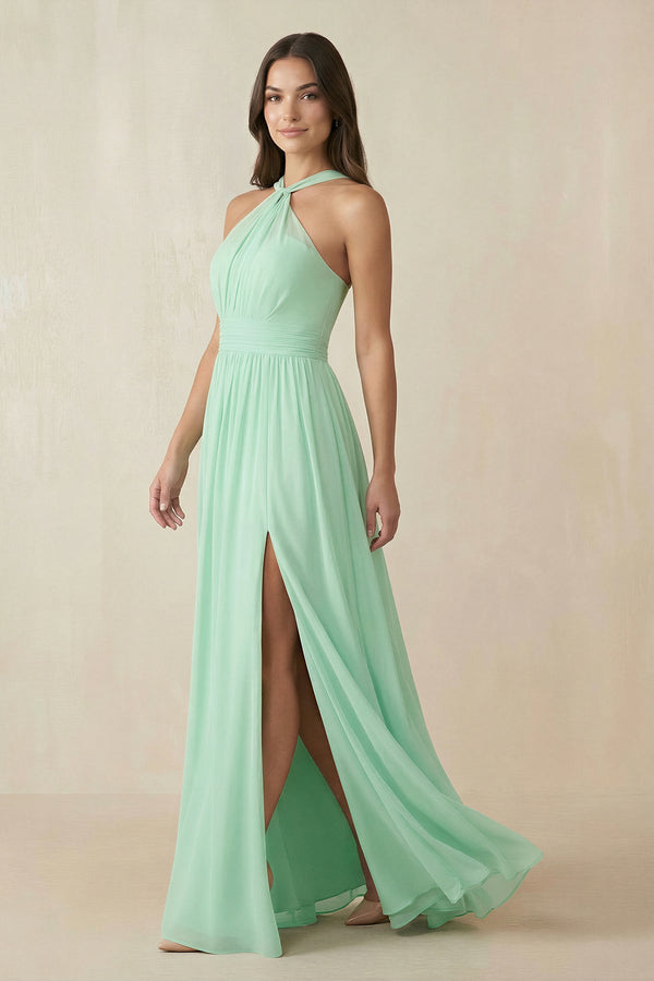 Halter Neck Ruched A-Line Chiffon Dress in Pale Pistachio - KissProm BRIDESMAID DRESSES