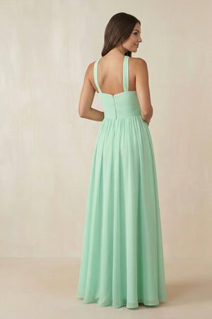 Halter Neck Ruched A-Line Chiffon Dress in Pale Pistachio - KissProm BRIDESMAID DRESSES