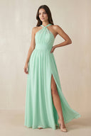 Halter Neck Ruched A-Line Chiffon Dress in Pale Pistachio - KissProm BRIDESMAID DRESSES