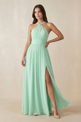 Halter Neck Ruched A-Line Chiffon Dress in Pale Pistachio - KissProm BRIDESMAID DRESSES
