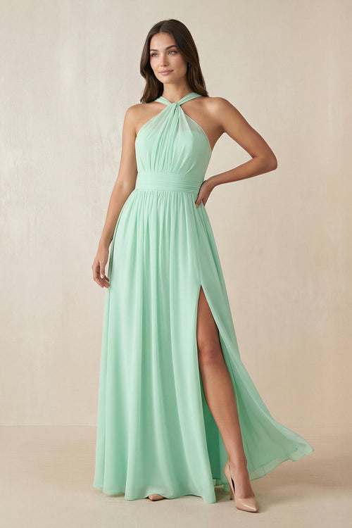 Halter Neck Ruched A-Line Chiffon Dress in Pale Pistachio - KissProm BRIDESMAID DRESSES
