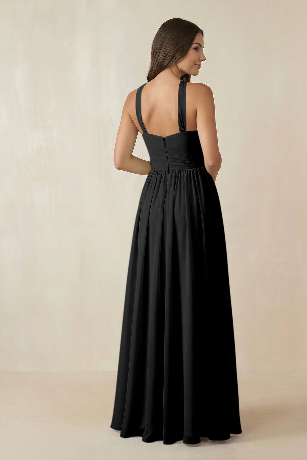 Halter Neck Ruched A-Line Chiffon Dress in Black - KissProm BRIDESMAID DRESSES