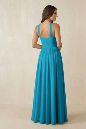 Halter Neck Ruched A-Line Chiffon Dress in Blue Jay - KissProm BRIDESMAID DRESSES