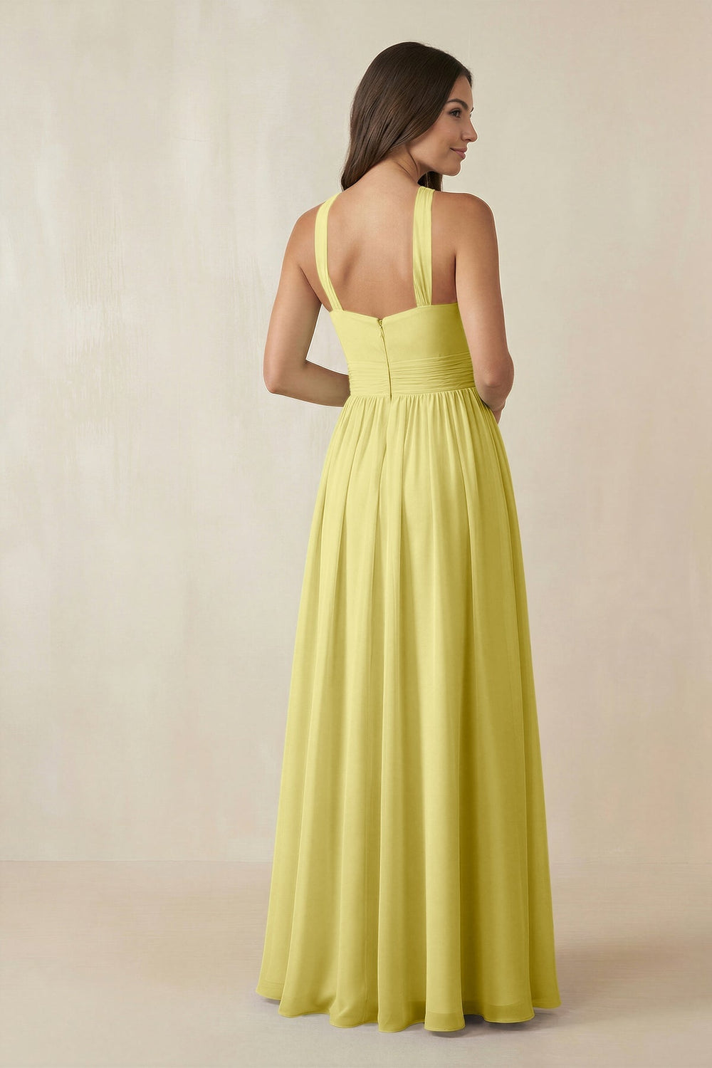 Halter Neck Ruched A-Line Chiffon Dress in Buttercup - KissProm BRIDESMAID DRESSES