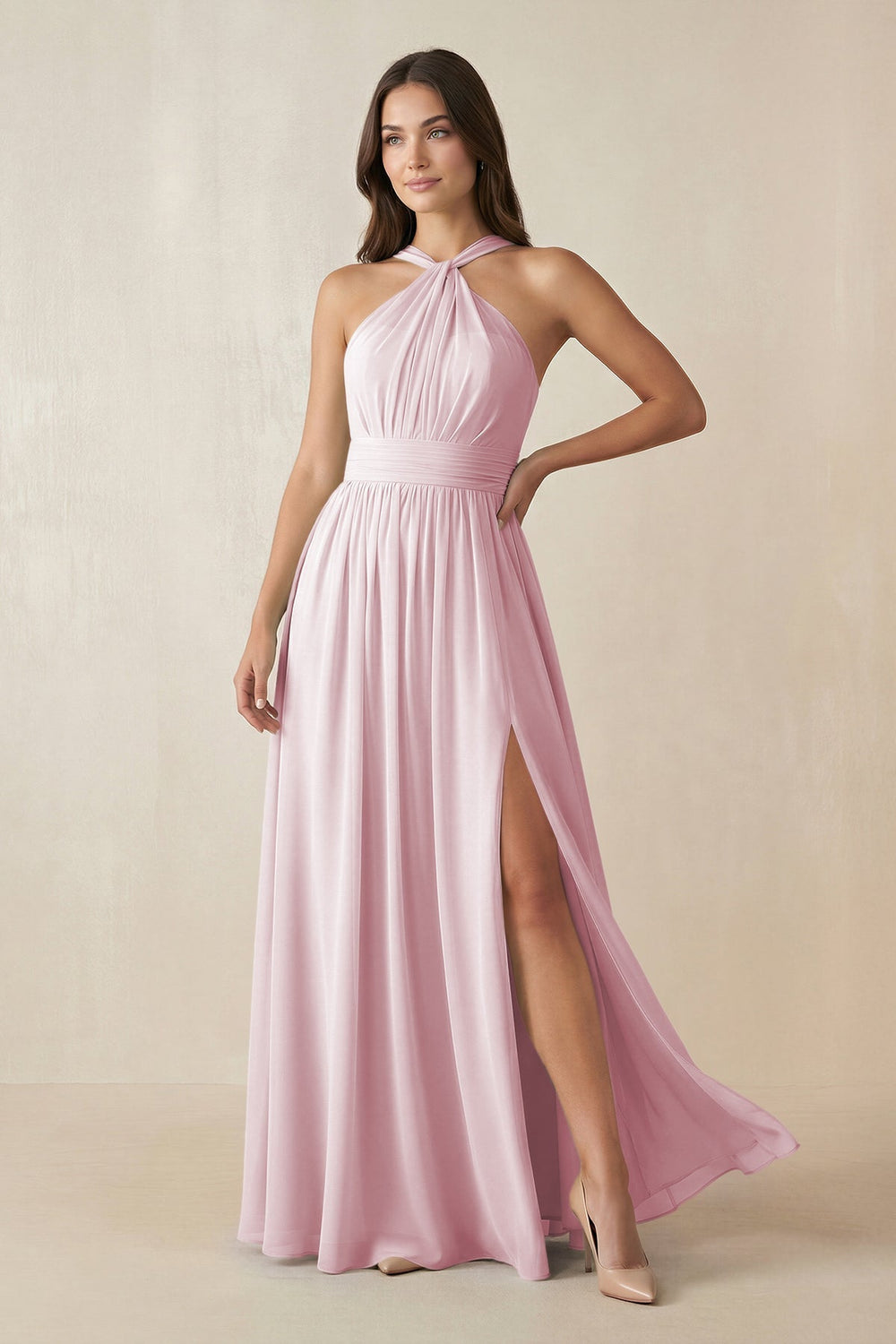 Halter Neck Ruched A-Line Chiffon Dress in Candy Pink - KissProm BRIDESMAID DRESSES