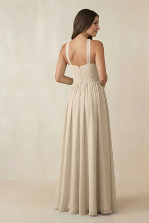 Halter Neck Ruched A-Line Chiffon Dress in Champagne - KissProm BRIDESMAID DRESSES