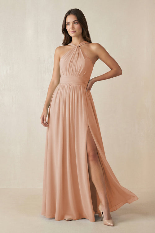 KissProm | Halter Neck Ruched Chiffon Bridesmaid Dress in Champagne Rose KissProm | Halter Neck Ruched Chiffon Bridesmaid Dress in Champagne Rose