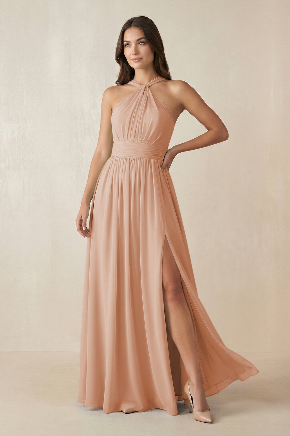 Halter Neck Ruched A-Line Chiffon Dress in Champagne Rose - KissProm BRIDESMAID DRESSES