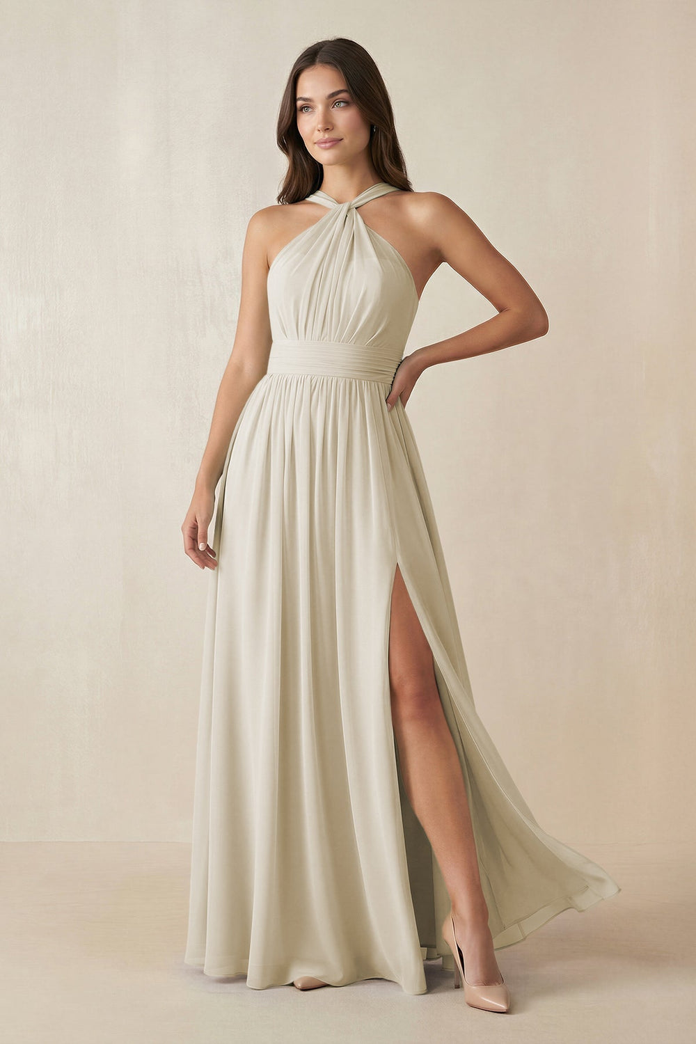 Halter Neck Ruched A-Line Chiffon Dress in Dove Gray - KissProm BRIDESMAID DRESSES