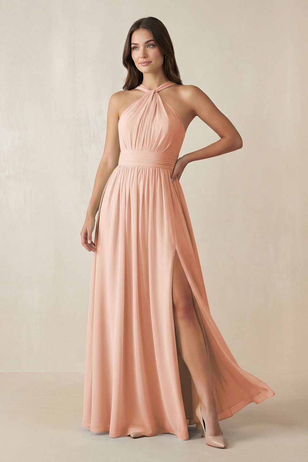 Halter Neck Ruched A-Line Chiffon Dress in English Rose - KissProm BRIDESMAID DRESSES