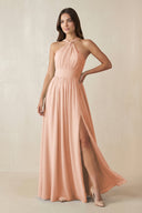 Halter Neck Ruched A-Line Chiffon Dress in English Rose - KissProm BRIDESMAID DRESSES