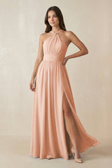 Halter Neck Ruched A-Line Chiffon Dress in English Rose - KissProm BRIDESMAID DRESSES