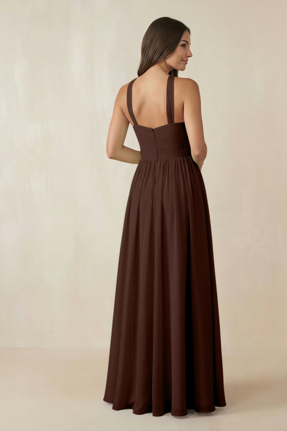 Halter Neck Ruched A-Line Chiffon Dress in Espresso - KissProm BRIDESMAID DRESSES