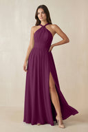 Halter Neck Ruched A-Line Chiffon Dress in Fig - KissProm BRIDESMAID DRESSES