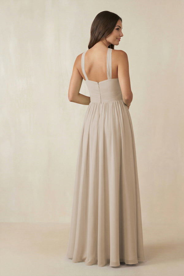 Halter Neck Ruched A-Line Chiffon Dress in Frost - KissProm BRIDESMAID DRESSES