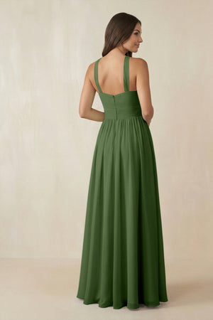Halter Neck Ruched A-Line Chiffon Dress in Moss - KissProm BRIDESMAID DRESSES