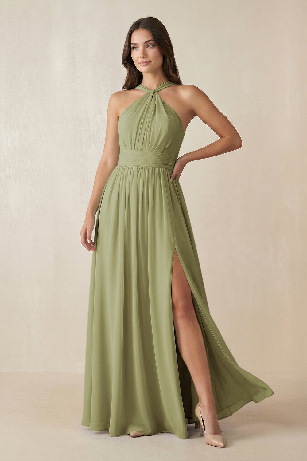 Halter Neck Ruched A-Line Chiffon Dress in Moss Green - KissProm BRIDESMAID DRESSES