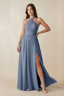 Halter Neck Ruched A-Line Chiffon Dress in Neptune - KissProm BRIDESMAID DRESSES