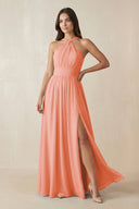 Halter Neck Ruched A-Line Chiffon Dress in Rosette - KissProm BRIDESMAID DRESSES