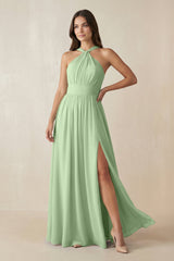 Halter Neck Ruched A-Line Chiffon Dress in Sage - KissProm BRIDESMAID DRESSES