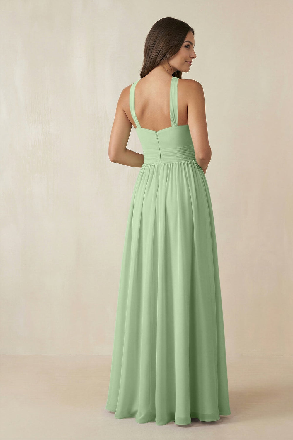 Halter Neck Ruched A-Line Chiffon Dress in Sage - KissProm BRIDESMAID DRESSES