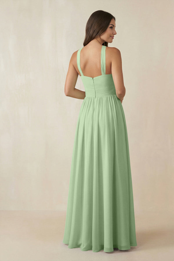 KissProm | Halter Neck Ruched Chiffon Bridesmaid Dress in Sage