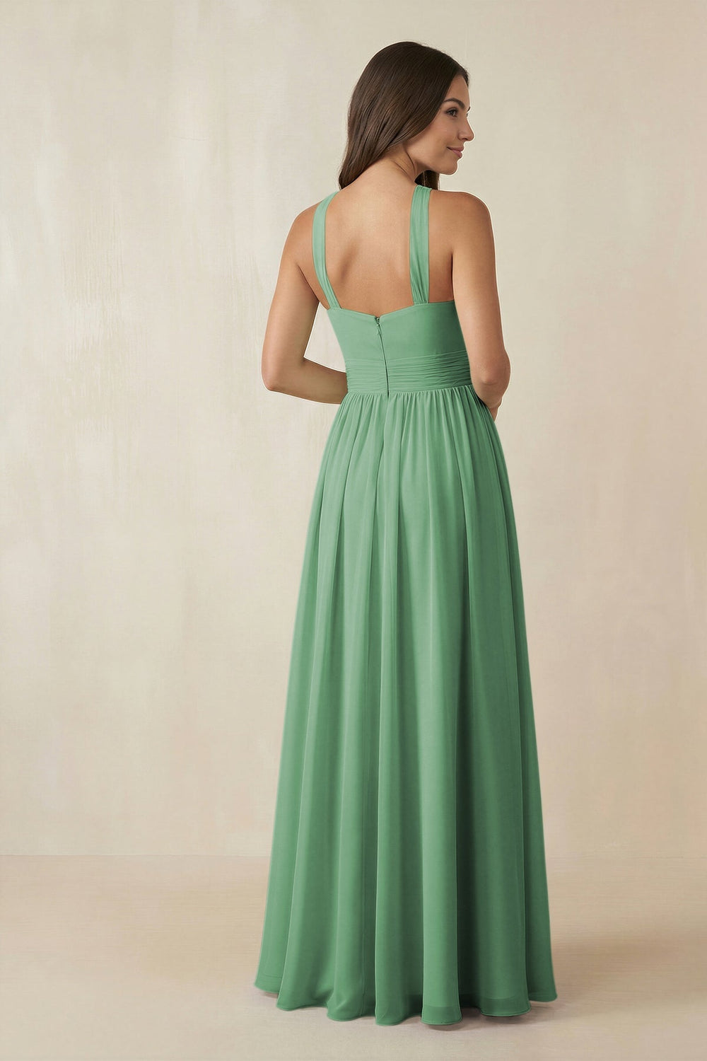 Halter Neck Ruched A-Line Chiffon Dress in Sea Glass - KissProm BRIDESMAID DRESSES