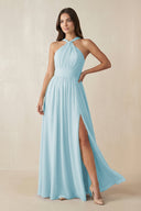 Halter Neck Ruched A-Line Chiffon Dress in Sky Blue - KissProm BRIDESMAID DRESSES