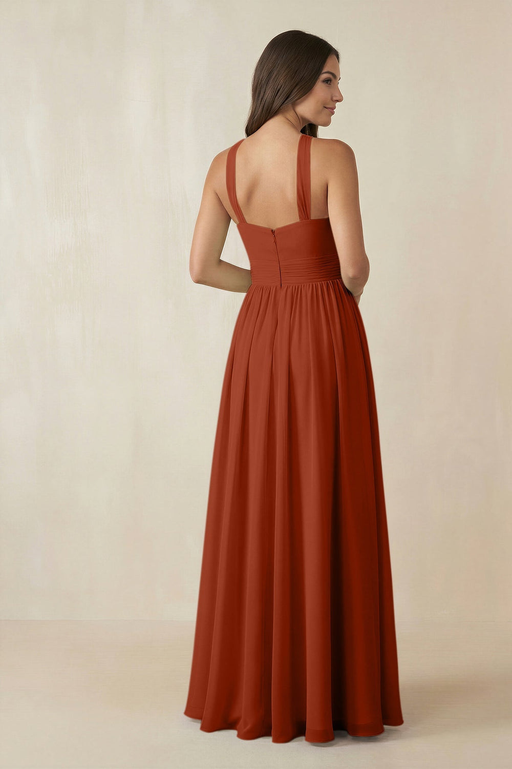 Halter Neck Ruched A-Line Chiffon Dress in Spice - KissProm BRIDESMAID DRESSES