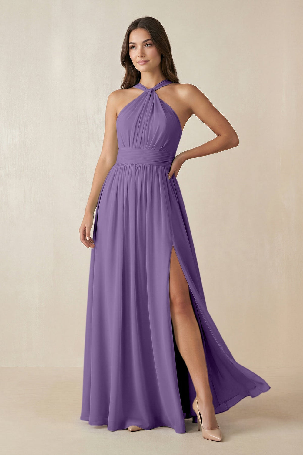 Halter Neck Ruched A-Line Chiffon Dress in Tahiti - KissProm BRIDESMAID DRESSES