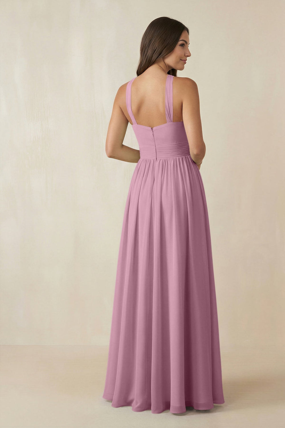 Halter Neck Ruched A-Line Chiffon Dress in Vintage Mauve - KissProm BRIDESMAID DRESSES