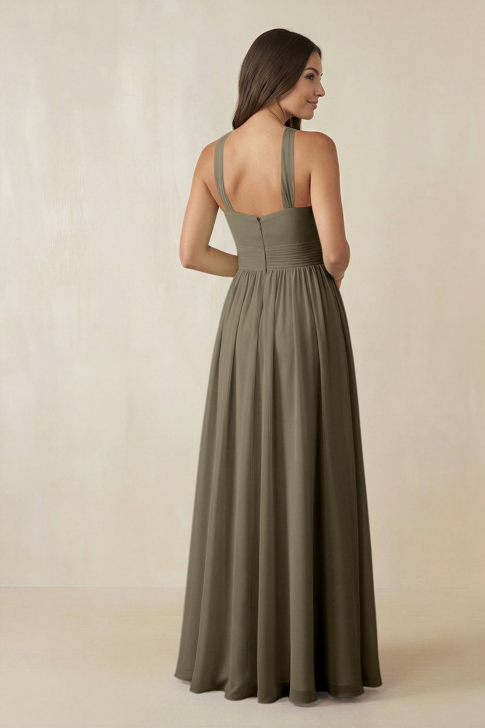 Halter Neck Ruched A-Line Chiffon Dress in Willow Green - KissProm BRIDESMAID DRESSES