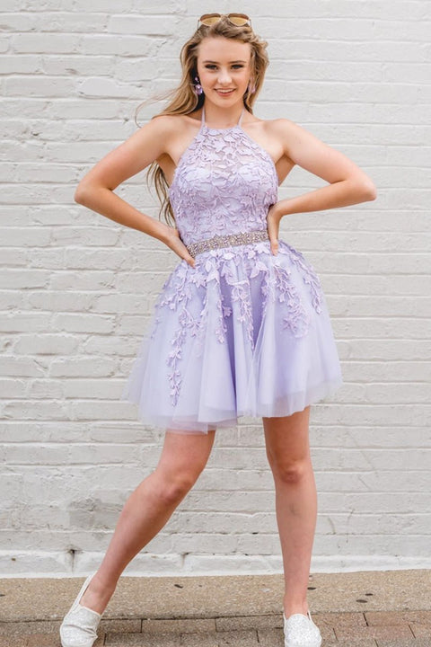 Halter Sleeveless Short Purple Homecoming Dress Evening Prom Dress main image 1