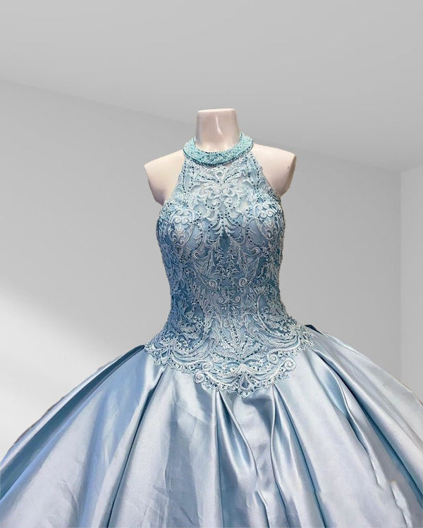 Halter Beaded Sky Blue Satin Ball Gown Quinceañera Dress - KissProm