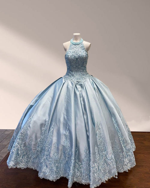 Halter Beaded Sky Blue Satin Ball Gown Quinceañera Dress - KissProm