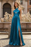 Peacock Blue Halter Neck A - Line Long Prom Dress With Split - KissProm