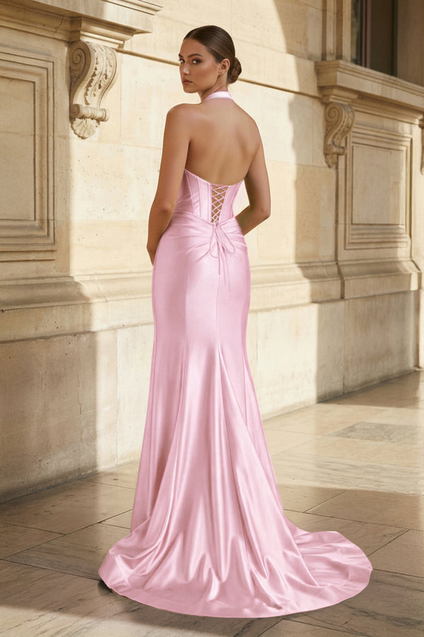 Navy Halter Corset Mermaid Ruched Long Formal Dress with Slit - KISSPROM PROM DRESSES