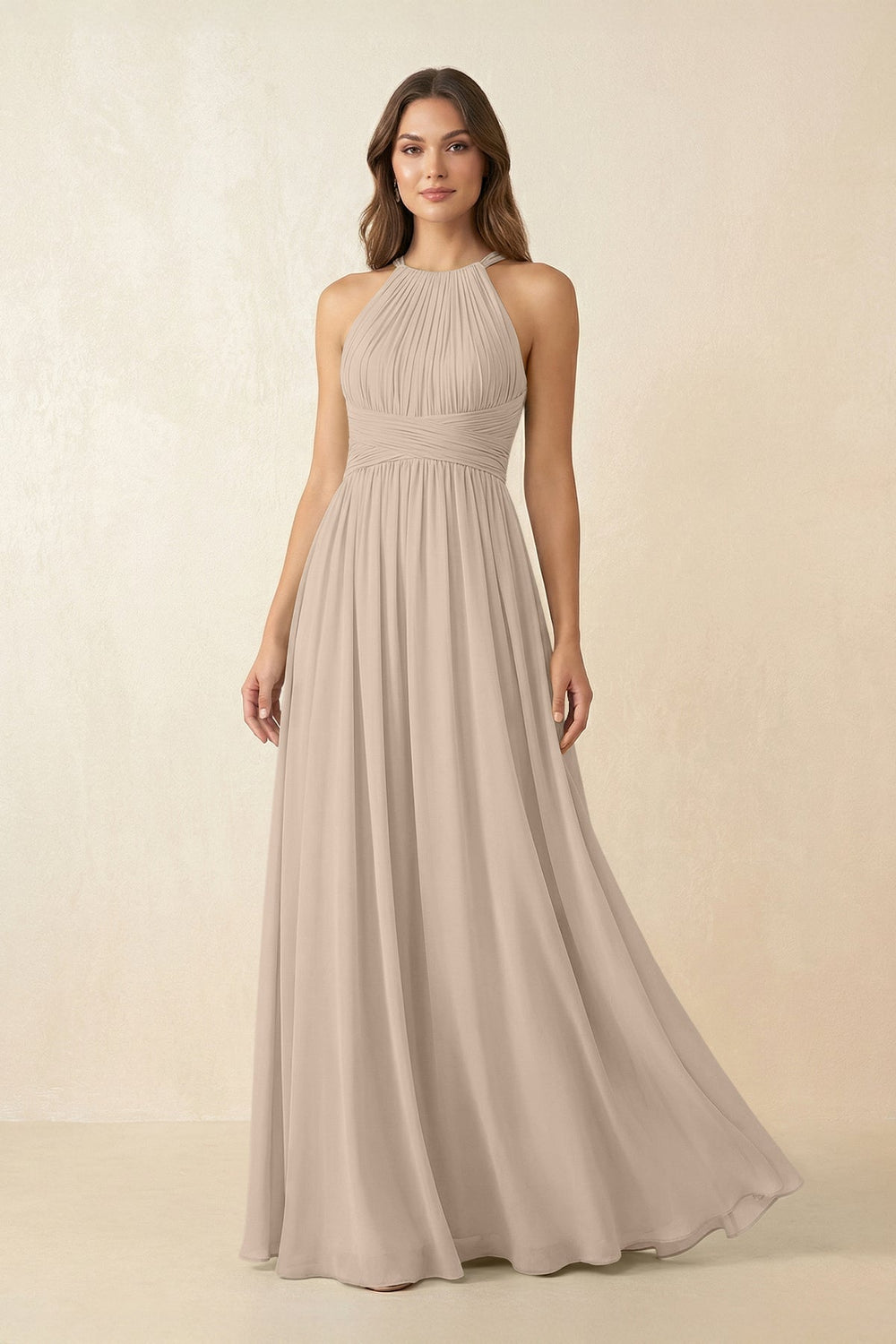 Halter Pleated A - Line Chiffon Bridesmaid Dress in Almond - KissProm Bridesmaid Dresses