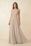 Halter Pleated A - Line Chiffon Bridesmaid Dress in Almond - KissProm Bridesmaid Dresses