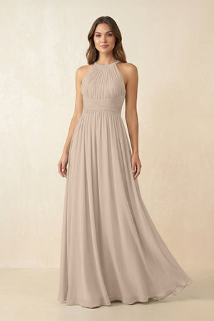 Halter Pleated A - Line Chiffon Bridesmaid Dress in Almond - KissProm Bridesmaid Dresses