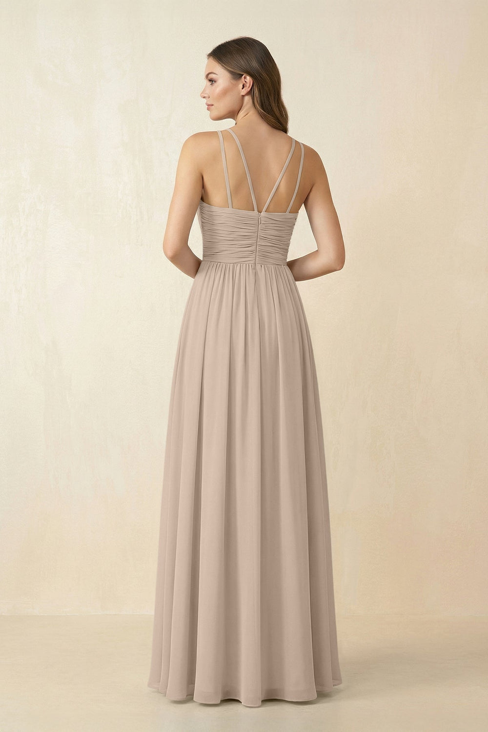 Halter Pleated A - Line Chiffon Bridesmaid Dress in Almond - KissProm Bridesmaid Dresses