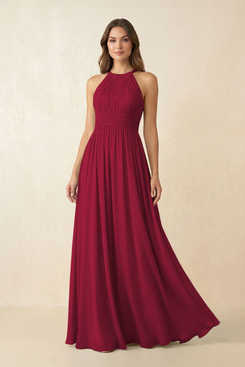 Halter Pleated A - Line Chiffon Bridesmaid Dress in Berry - KissProm Bridesmaid Dresses