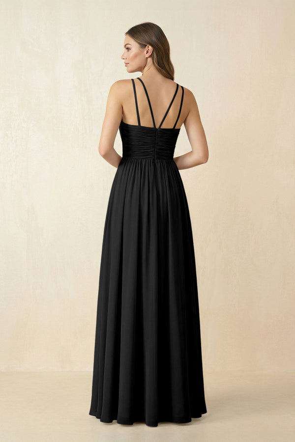 Halter Pleated A - Line Chiffon Bridesmaid Dress in Black - KissProm Bridesmaid Dresses
